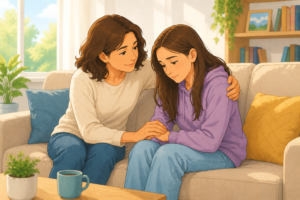 התמודדות עם פרידה בגיל ההתבגרות — נערה מקבלת תמיכה מהורה