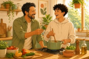 הורה ובן מתבגר מבשלים יחד במטבח וצוחקים — רגע של חיבור בהתמודדות עם אתגרים בגיל ההתבגרות