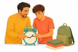 חזרה לשנת הלימודים — הורה ומתבגר מכוונים יחד שעון מעורר לקראת פתיחת השנה