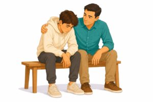 אב יושב לצד בנו המתבגר עם יד על הכתף — תמיכה אחרי פרידה ראשונה