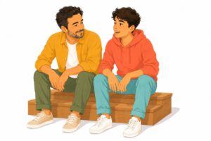 המתבגר שלי לא מדבר איתי — הורה ומתבגר יושבים זה לצד זה על מדרגה, המתבגר מדבר וההורה מקשיב